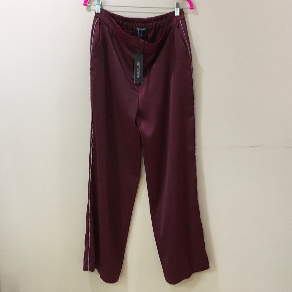 Women's Maroon Satin Track Pants with Side Stripe